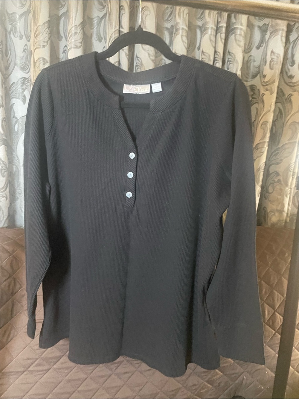 Black Ribbed Henley Long Sleeve Top- new without tags